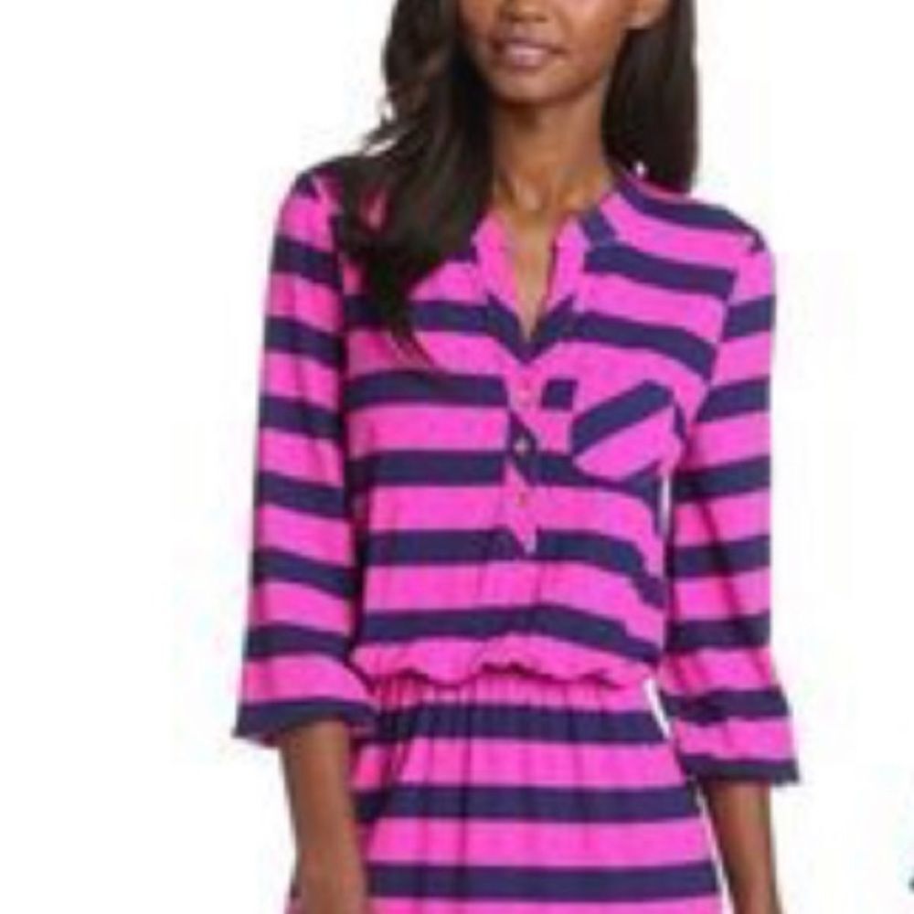 Lilly Pulitzer Beckett In Mamba Pink Stripes Button 3/4‎ Sleeves Dress Sz XS